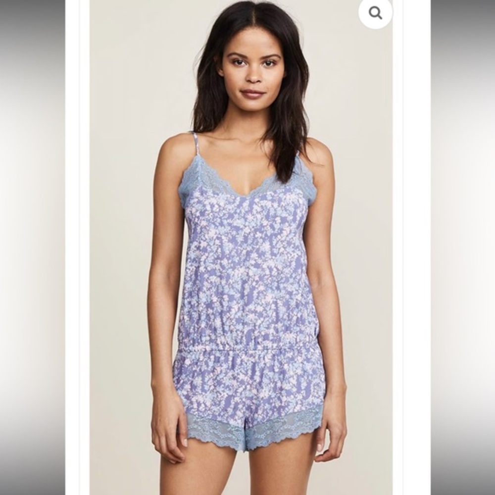 Eberjey x Rebecca Taylor Lily Teddy Silk Romper Blue Floral Lace Trim Medium